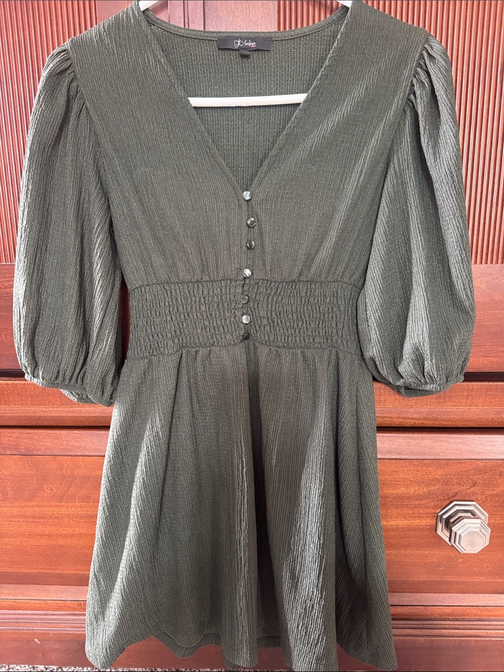 Love Olive Green Puff-Sleeve Mini Dress